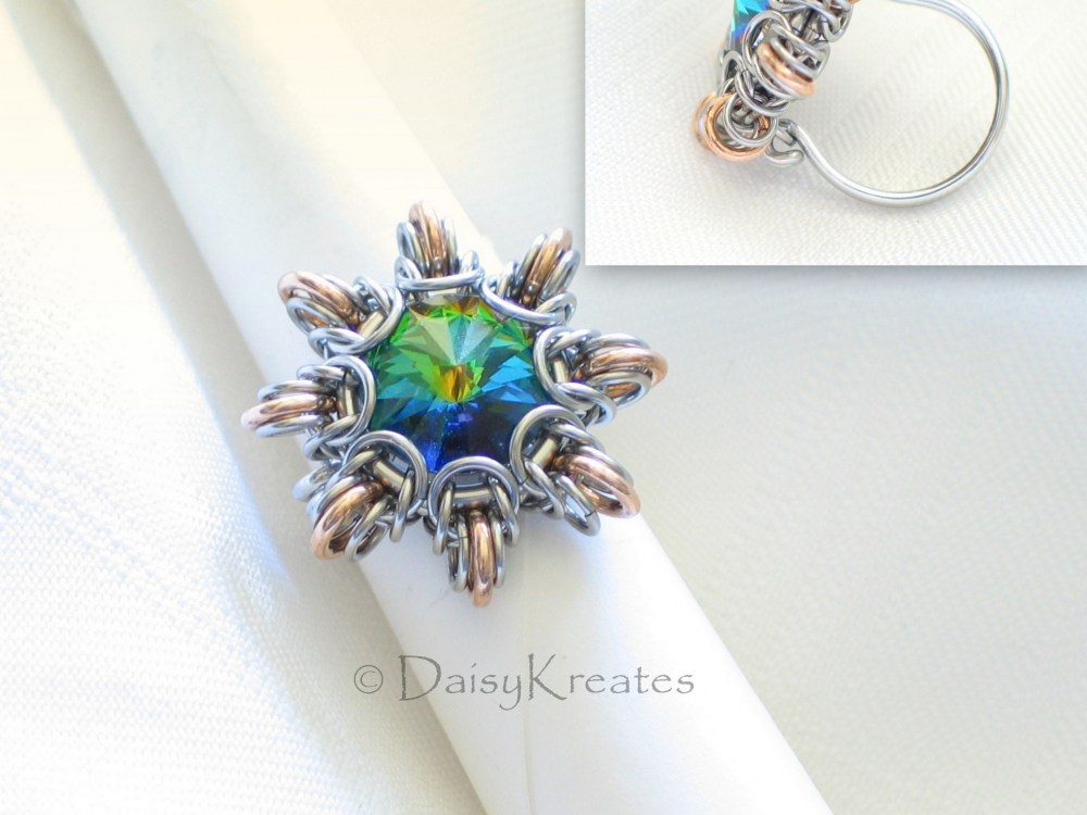 Byzantine Sun Finger Ring with Swarovski Rivoli in Mixed Metals ...