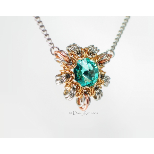 Byzantine Sun necklace with smaller pendant in Swarovski turquoise blue