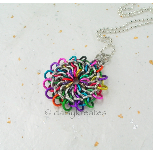 Multi-Color Chainmaille Mandala Pendant on 18-inch Neck Chain