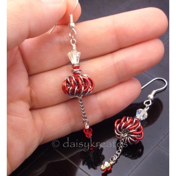 Genie Bottles Earrings with Red Chainmaille Whirlybirds with vintage Swarovski c