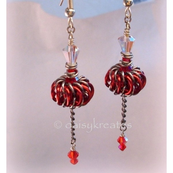 Red Genie Bottles Earrings with Chainmaille Whirlybird