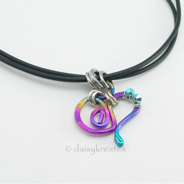 Multi-Color Forged Heart Pendant on Double-Strand Rubber Tube Necklace