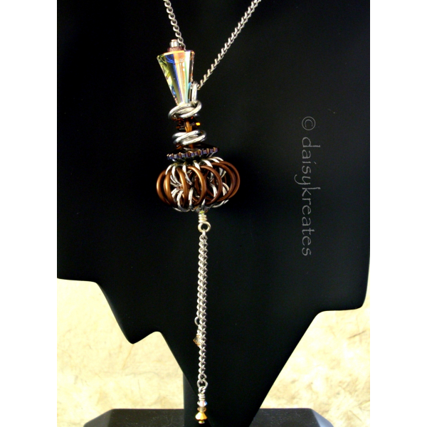 Genie Bottle Necklace with Brown Chainmaille Whirlybird Pendant