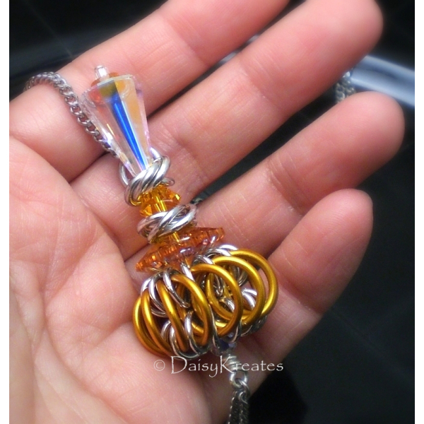 Genie Bottle Necklace with Orange Chainmaille Whirlybird Pendant