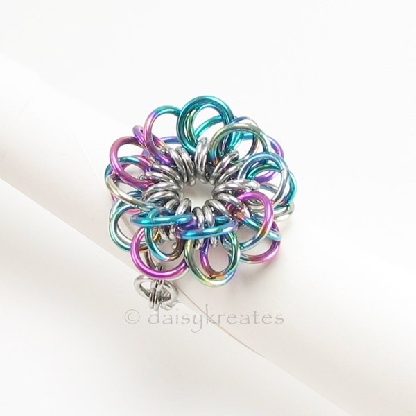 Forget-Me-Not Flower Finger Ring in Rainbow Anodized Niobium, Stainless Steel