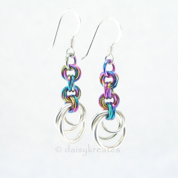 Sterling Silver and Anodized Niobium Rainbow Tea Rose Earrings