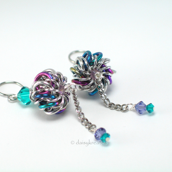 Genie Bottle earrings in anodized niobium, stainless steel, Swarovski crystals