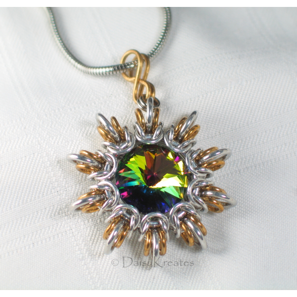 Byzantine Sun Pendant with Captured 18mm Swarovski Rivoli in Vitrail Medium