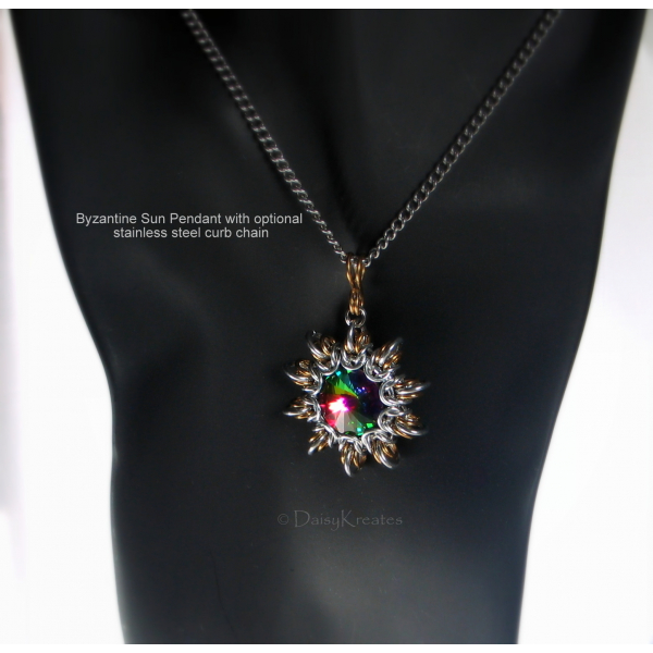 Byzantine Sun pendant in steampunk style with stainless steel curb chain
