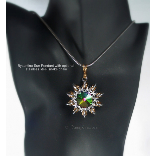 Byzantine Sun pendant pairs well with stainless steel snake chain