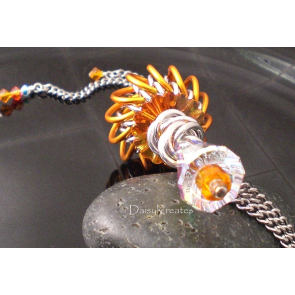 Genie Bottle Necklace with Orange Chainmaille Whirlybird Pendant