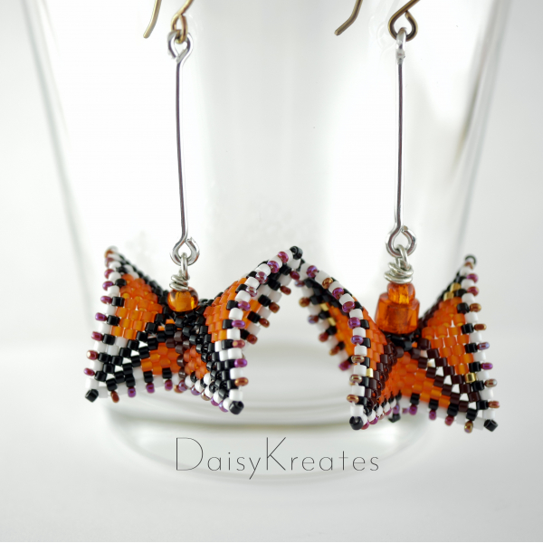 Beaded Monarch Butterfly earrings in orange and black Delica beads