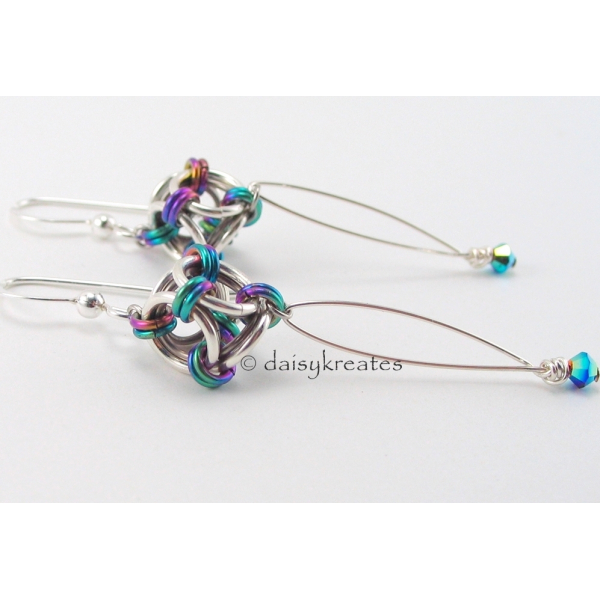 Japanese Polyhedron Nox Earrings in shiny sterling silver and colorful anodized