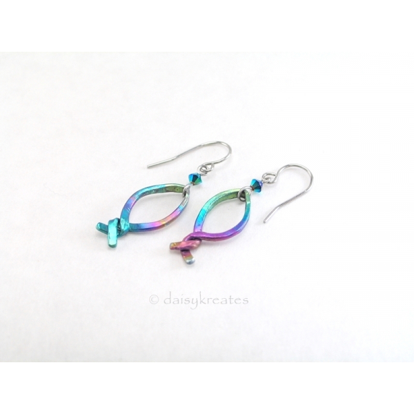 Rainbow Fish Earrings in Multi Color Anodized Niobium