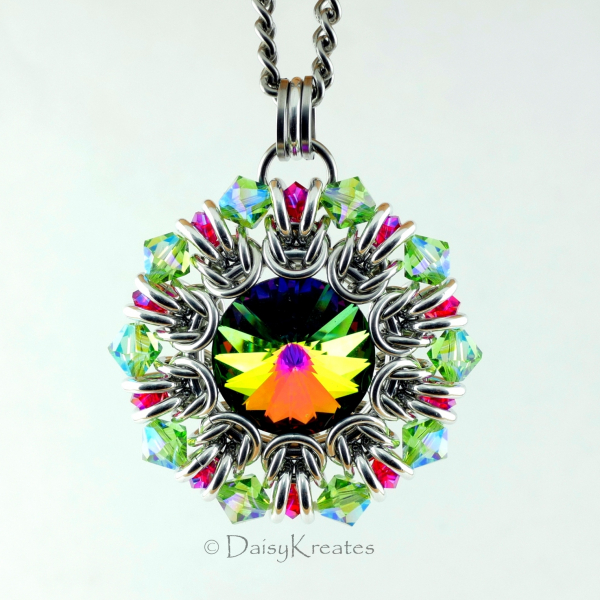 Red Green Helios Sunburst pendant with Swarovski crystals