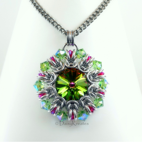 Sunburst medallion pendant with Swarovski Medium Vitrial and ruby red crystals