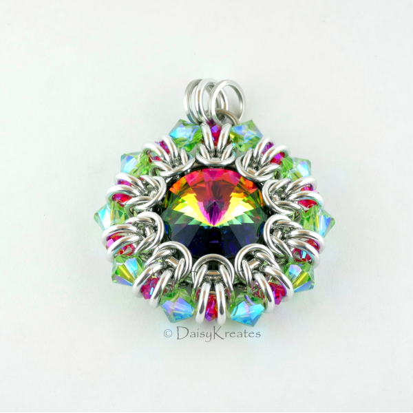 Red Green Helios Sunburst pendant with Swarovski crystals