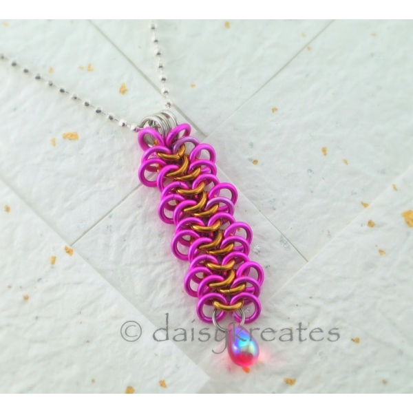 Fuchsia Ruffly Ribbon Strangemaille Pendant on 18"+1" Adjustable Ball Chain