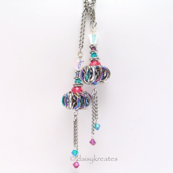 Unique colorful Twin Genie Bottle lariat in anodized niobium and bright aluminum