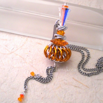 Genie Bottle Necklace with Orange Chainmaille Whirlybird Pendant