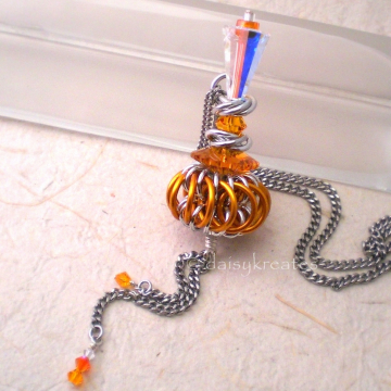 Genie Bottle Necklace with Orange Chainmaille Whirlybird Pendant Genie Bottle Necklace with Orange Chainmaille Whirlybird Pendant