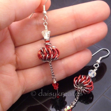 Genie Bottles Earrings with Red Chainmaille Whirlybirds with vintage Swarovski c