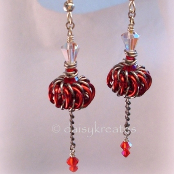 Red Genie Bottles Earrings with Chainmaille Whirlybird