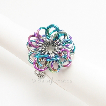 Forget-Me-Not Flower Finger Ring in Rainbow Anodized Niobium, Stainless Steel