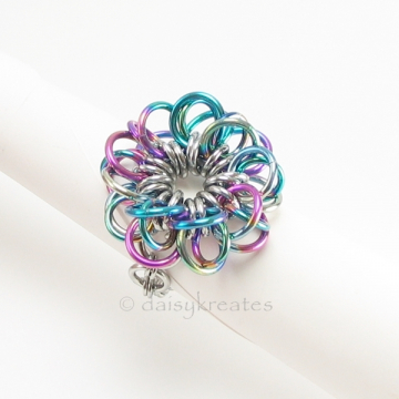 Forget-Me-Not Flower Finger Ring in Rainbow Anodized Niobium, Stainless Steel Forget-Me-Not Flower Finger Ring in Rainbow Anodized Niobium, Stainless Steel