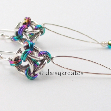Japanese Polyhedron Nox Earrings in shiny sterling silver and colorful anodized