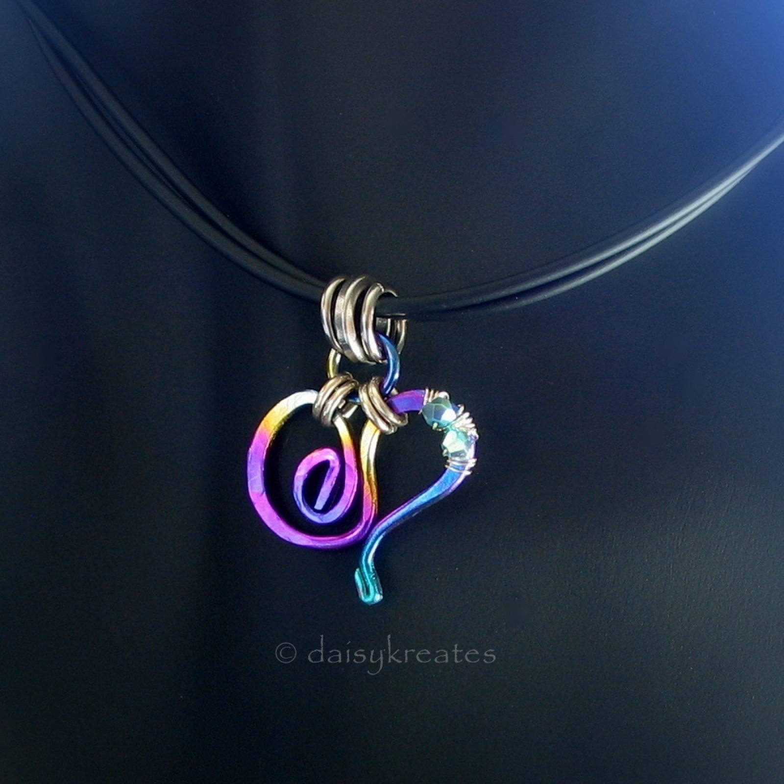 Forged Heart Pendant in Rainbow Anodized Niobium Choker Necklace 