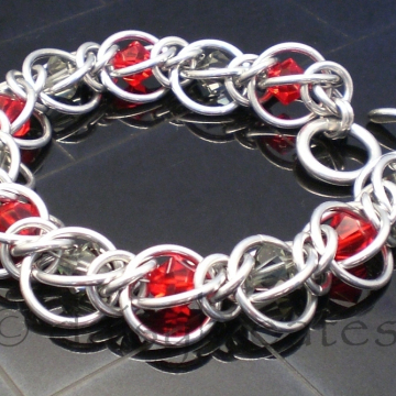 Half Persian Chainmaille Crystal Flannel Bracelet in Red and Grey