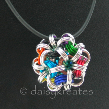 Multicolor Chainmaille Temari Pendant on 24-inch Black Rubber Cord Necklace